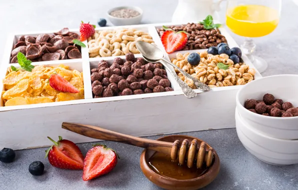 Berries, food, Breakfast, milk, juice, honey, cereal, Iryna Melnyk