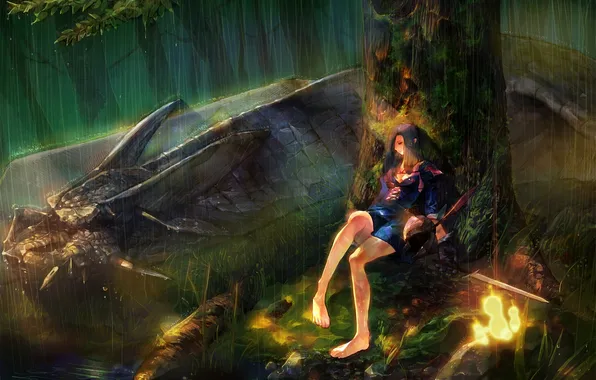 Forest, girl, pond, weapons, rain, tree, dragon, sword