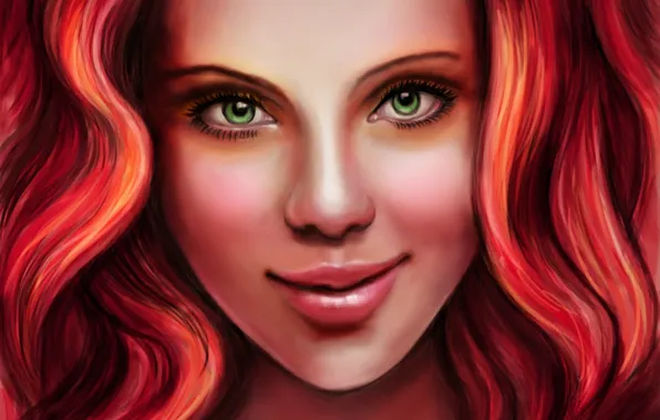 Girl, art, lips, painting, curls, green eyes, red hair