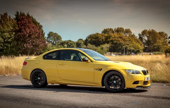 Picture the sky, clouds, trees, yellow, coupe, BMW, BMW, e92