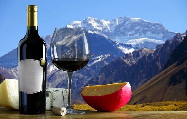 Landscape, mountains, wine, glass, bottle, Apple, cheese, tube