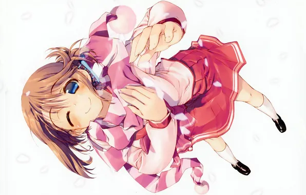 Schoolgirl, knee, wink, cherry blossoms, scarf striped, pleated skirt, by Tatsuki Amaduyu