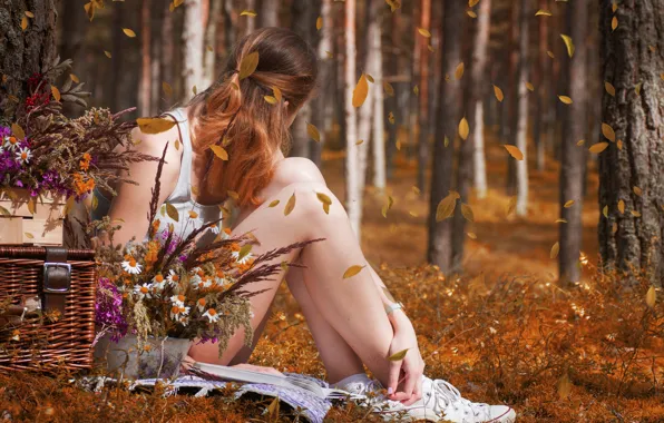 Picture girl, flowers, bokeh, box, the leaves are falling, autumn in the forest, a sadness