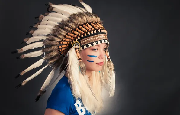 Picture girl, face, feathers, paint, headdress