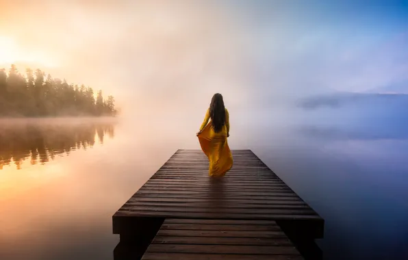 Picture girl, fog, lake, dawn, back, dress, pierce