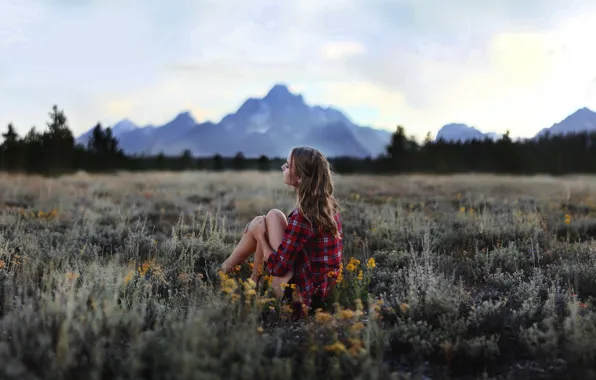 Field, summer, girl, mountains, sitting