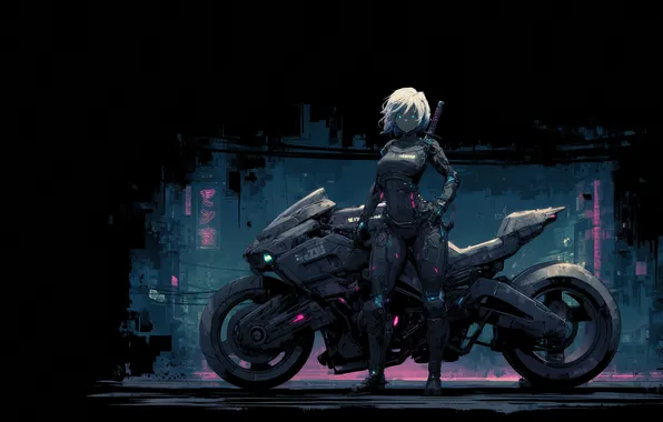 Picture girl, katana, futuristic, biker
