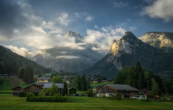 Field, clouds, mountains, village, haze, houses, settlement