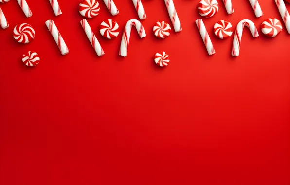 Strips, Christmas, candy, New year, red background, Lollipop, canes, AI art