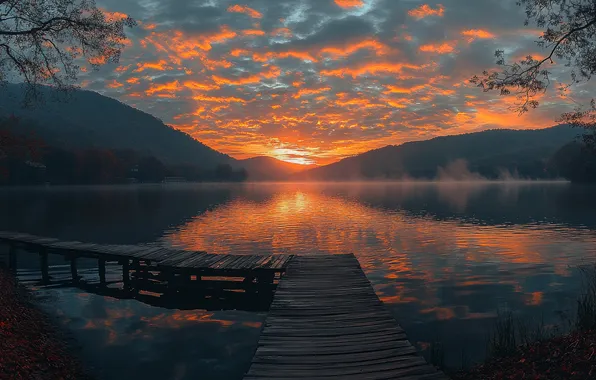 Clouds, landscape, sunset, mountains, nature, fog, lake, dawn