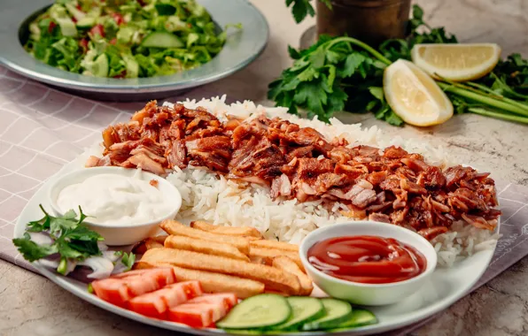 Lemon, rice, tomato, kebab, turkish cuisine