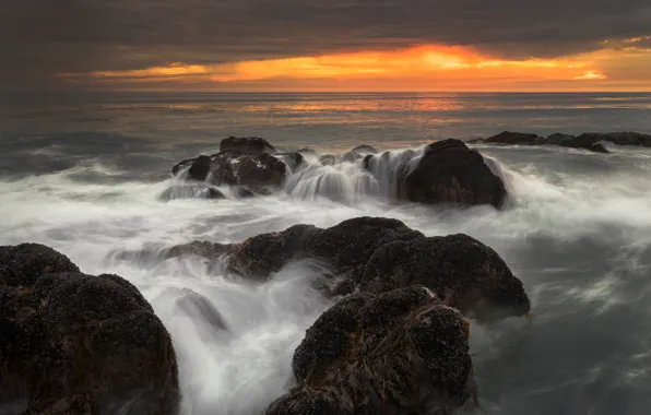 Sea, wave, the sky, clouds, sunset, clouds, stones, rocks