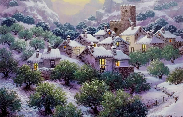Snow, trees, mountains, houses, painting, snow, painting, plantation