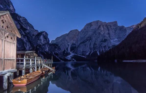 Night, nature, lake, boats, pier, Italy, forest, The Dolomites