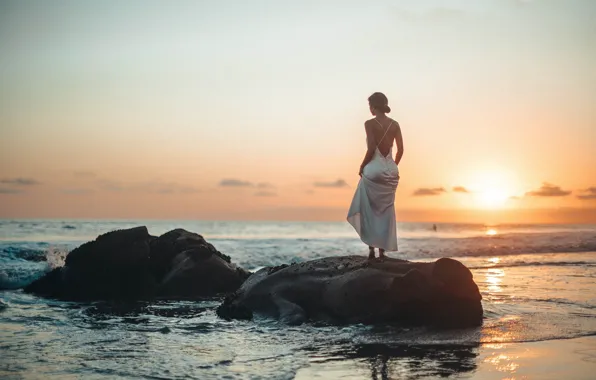 Picture sea, the sky, girl, sunset, the evening, Roberto Nickson