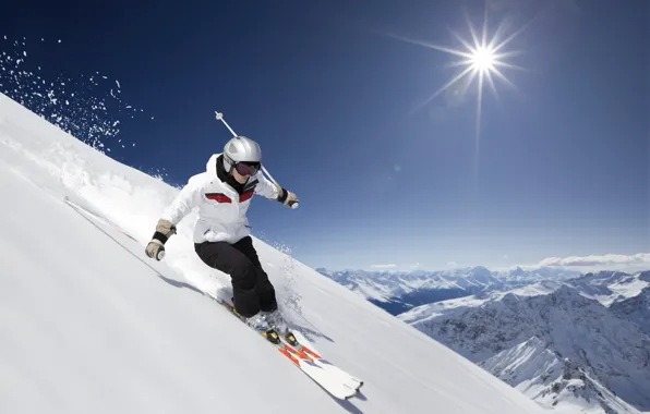 Picture the sun, mountains, snow descent