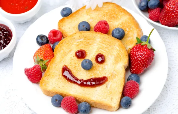 Picture berries, raspberry, strawberry, bread, smiley, blueberries, toast