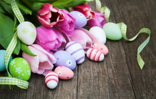 Flowers, eggs, colorful, Easter, tulips, happy, wood, pink