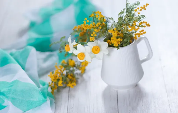 Flowers, bouquet, daffodils, Mimosa