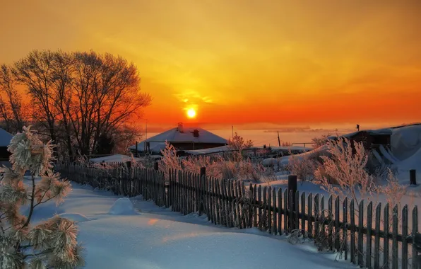 Winter, sunset, village