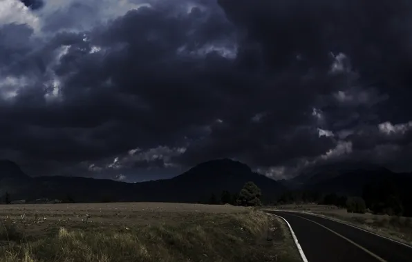 Road, sadness, field, clouds, darkness, 156