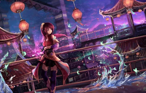 Stars, clouds, night, wave, anime, lanterns, anime, night