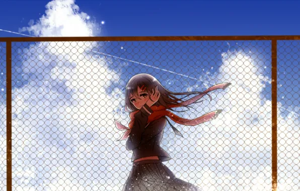 The sky, girl, clouds, the fence, anime, scarf, art, kagerou project