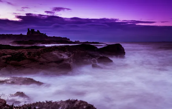 Sea, the sky, clouds, castle, rocks, ruins, twilight, Scotland
