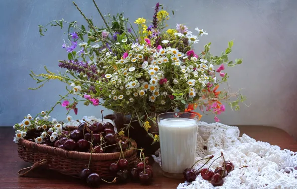 Summer, cherry, glass, bouquet, milk, still life, wildflowers