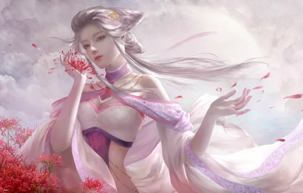 Girl, flowers, fantasy, art, xzfshao, Green onions Jun