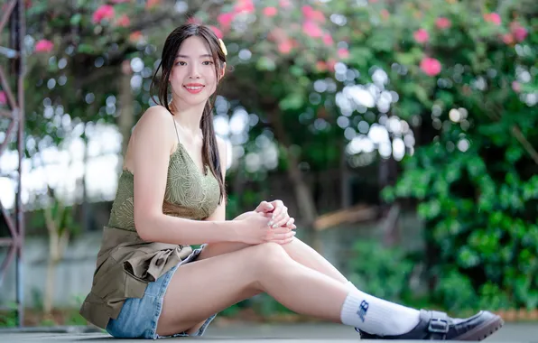 Girl, smile, skirt, Mike, legs, Asian