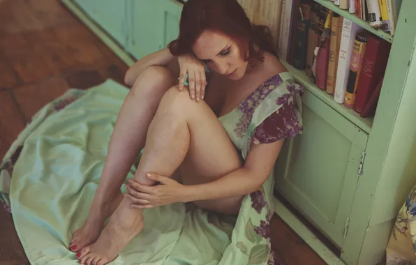 Picture sadness, girl, face, room, dress, legs