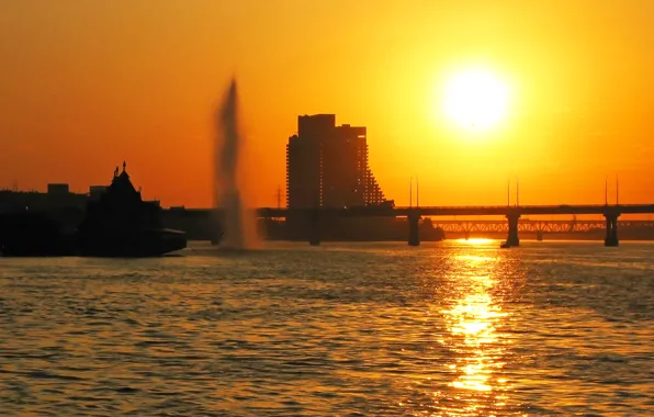 Water, the sun, sunset, bridge, the city, glare, reflection, river