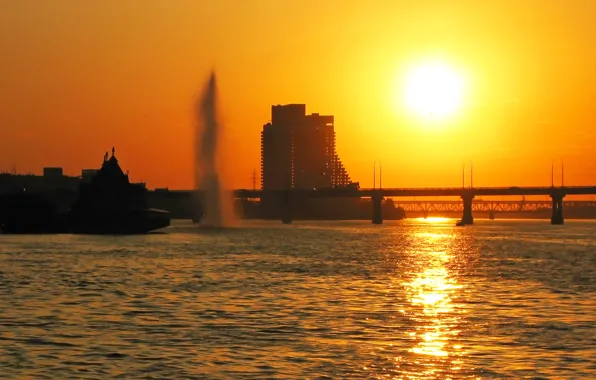 Picture water, the sun, sunset, bridge, the city, glare, reflection, river