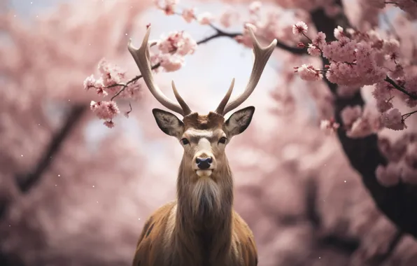 Picture flowers, nature, spring, deer, flowering, AI art, neural network