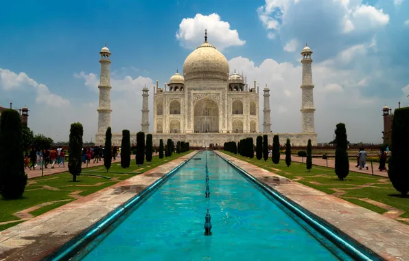 The sky, the sun, clouds, trees, design, India, Taj Mahal, tower