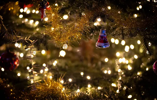 Branches, lights, toy, blur, Christmas, New year, tree, gold plated