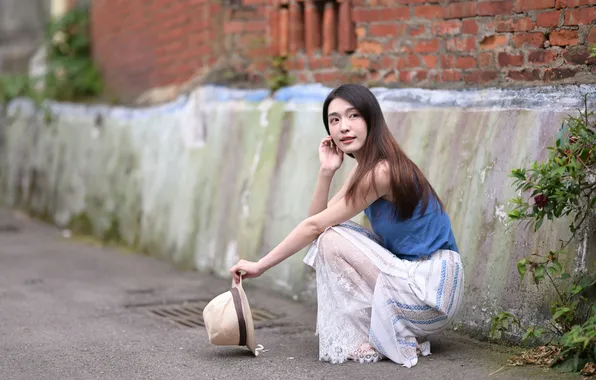 Mike, Asian, Pose, Hat, Skirt, Sitting
