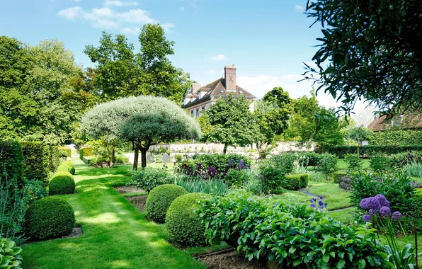 Picture the sky, grass, clouds, trees, flowers, nature, house, Park