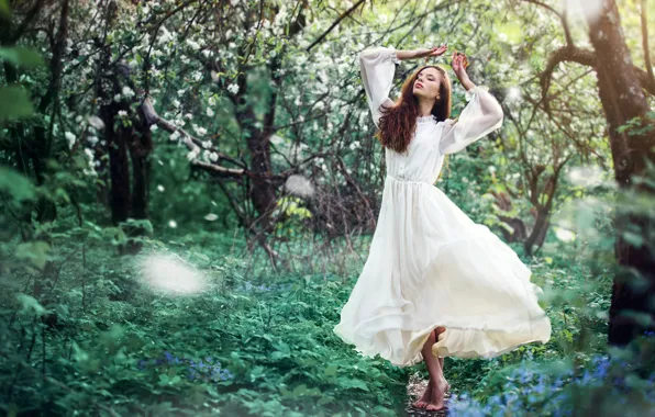 Picture girl, pose, spring, garden, dress, brown hair, beautiful, flowering