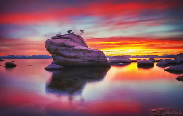 Clouds, trees, sunset, mountains, rock, reflection, stones, shore