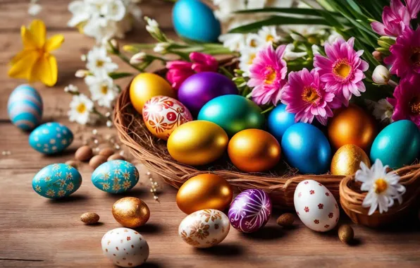 Picture flowers, eggs, spring, colorful, Easter, happy, flowers, spring