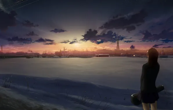 Field, girl, snow, sunset, wire, anime, art, schoolgirl