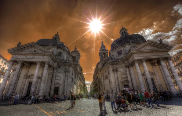 Picture the sky, the sun, people, street, area, Rome, Italy, Church