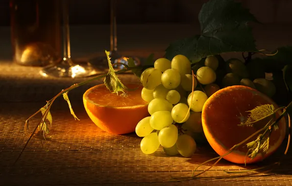 Table, oranges, glasses, grapes, fruit, twilight, slices