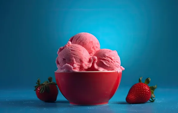 Balls, berries, strawberry, pink, ice cream, bowl, dessert, blue background