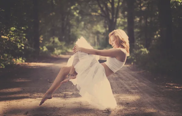 Road, forest, girl, blonde, levitation