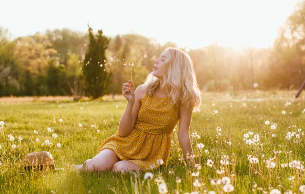 Summer, girl, hat, dandelions