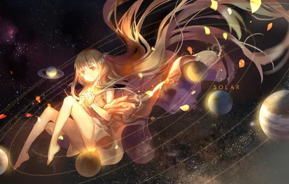 The sky, girl, stars, planet, anime, art, solar system, elise (piclic)