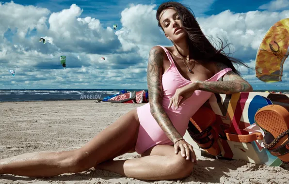 Sand, sea, beach, swimsuit, the sky, girl, pose, model